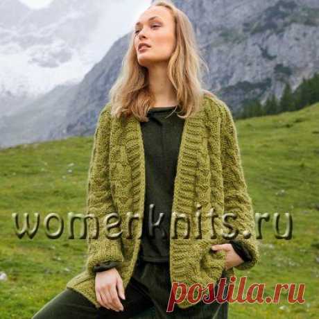 Зеленый кардиган спицами без застежки