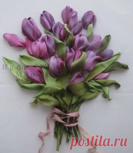 Вышиваем тюльпаны лентами. Идея для вышивки. Мастер-класс.