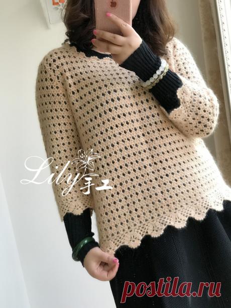 Ажурный джемпер с кружевными бордюрами, из пряжи с мохером. Крючком. Схемы. / blog.163.com