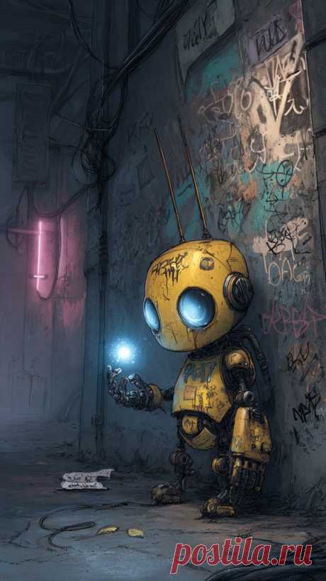 Загадочный робот в темном переулке с светящимся шаром. Нейросеть Миджорни - Midjourney примеры промтов - Форум ИИ о нейросетях - Yes Ai