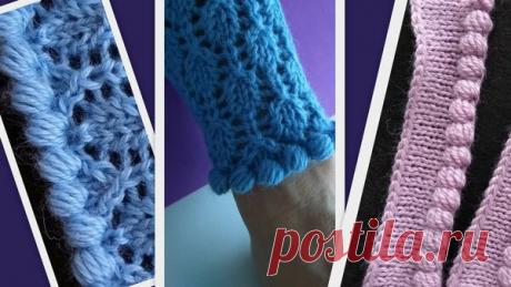 Резинки спицами и крючком. Обвязка края изделия | Красивая резинка с ромбами из вытянутых петель.