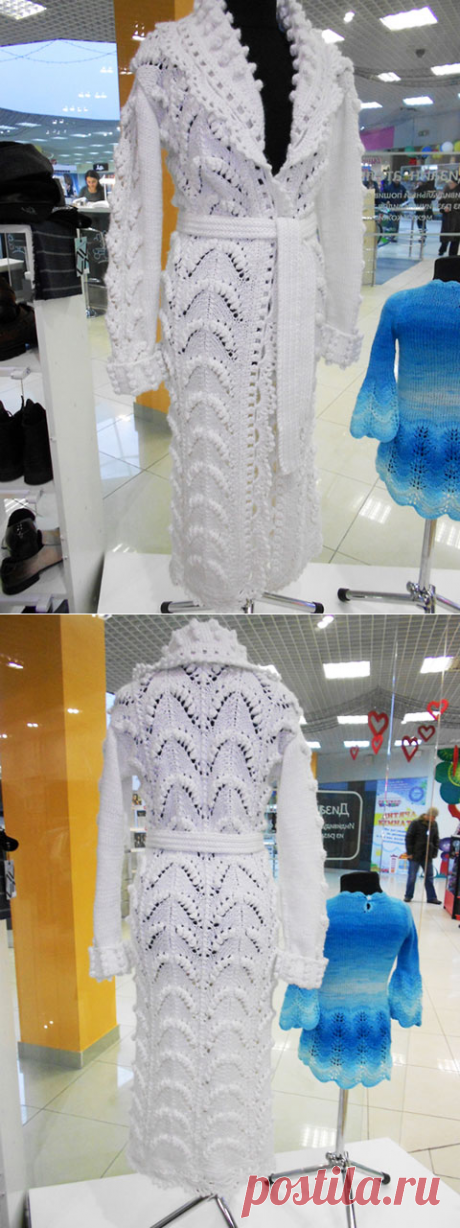 Ажурное женское пальто белого цвета Снежная королева спицами – схемы с описанием вязания