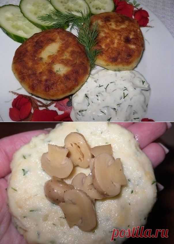 Котлеты из картофеля, сыра и укропа с грибами + соус
