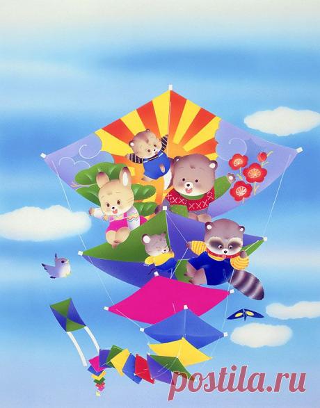 Медведь ездить на иллюстраций животных полосный кайт, кролик, енот нас