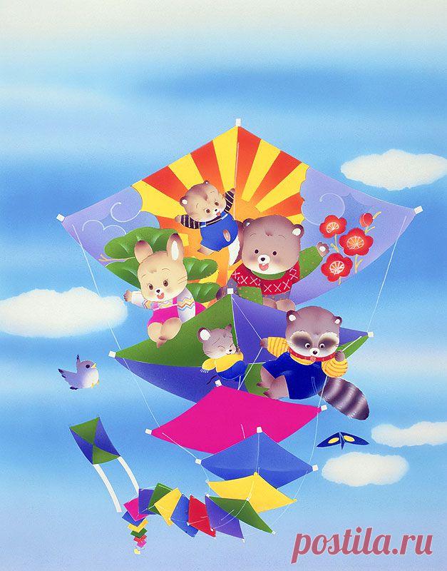 Медведь ездить на иллюстраций животных полосный кайт, кролик, енот нас