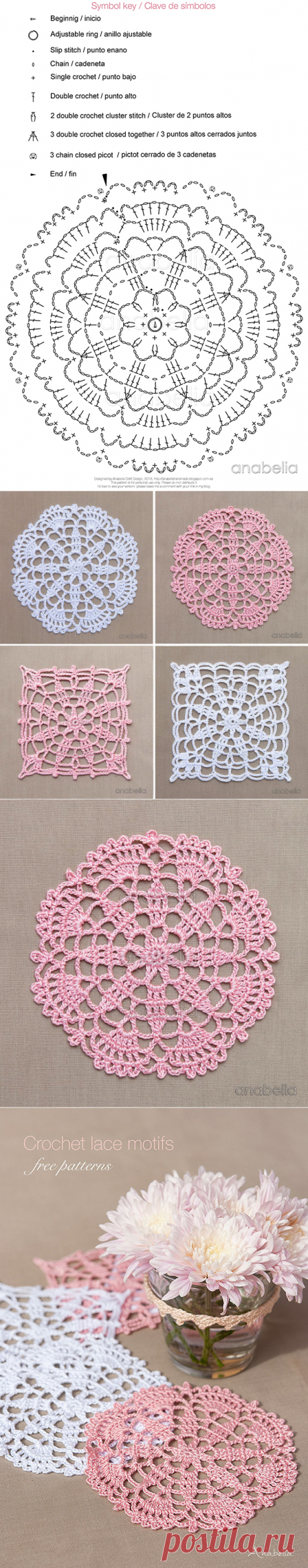 Anabelia craft design: Crochet lace motifs in pink and white, free patterns