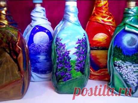 DIY Декор бутылок своими руками. Декорирование бутылок. Мастер класс из бутылок. Рисунок на стекле