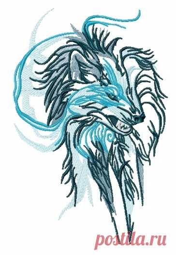 Wolf spirit embroidery design Sizes: 92 × 140 mm, 98 × 149 mm, 105 × 159 mm, 111 × 169 mm, 118 × 180 mm, 124 × 189 mm, 131 × 200 mm. Formats: Bernina(art, exp), Brother(pec, pes, phc), Janome(jef, jef+), Melco(exp), Husqvarna/PFAFF(vip, vp3),  Tajima/Barudan(dst, dsb), Husqvarna(hus, shv), Singer(xxx).