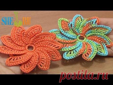 ▶ Вязание крючком цветка Урок 55 Вязаный цветок с десятью лепестками - YouTube