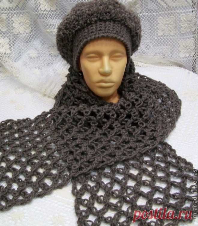 Берет вязаный и шарф - серый комплект - серый,однотонный,берет,женская шапка