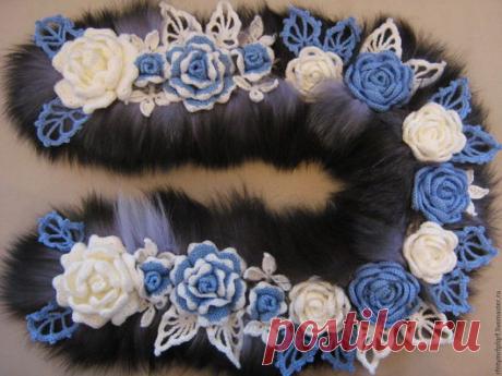 Купить Вязаный шарф-палантин "Ледяные розы" с мехом песца - комбинированный, шарф женский