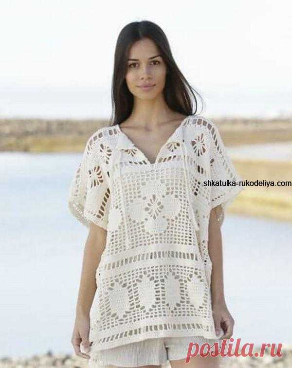 Туника-пончо в этническом стиле крючком. Женская туника в филейной технике крючком. Оригинальная модель летнего пончо для женщин | Шкатулка рукоделия. Сайт для рукодельниц.