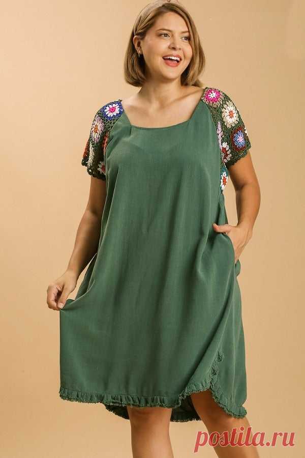 Umgee Forest Green Linen Blend Dress with Colorful Crocheted Sleeves – June Adel