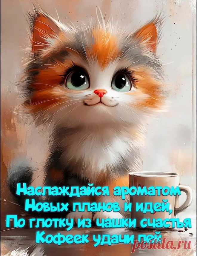 Картинка доброе утро с позитивным пожеланием про кофе, с котиком