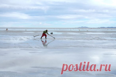 Небо в небе в Уюни Соляр Уюни - уникальный природный заповедник в Боливии. Редкие дожди создают ровную пленку на поверхности соли, в которой отражается небо.