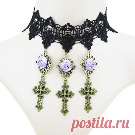 Европейский и америка торговли ретро готический крестики ожерелье роскошь фиолетовый роза кружево ожерелье сплав ювелирные изделия женщины купить на AliExpress