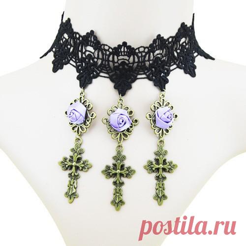 Европейский и америка торговли ретро готический крестики ожерелье роскошь фиолетовый роза кружево ожерелье сплав ювелирные изделия женщины купить на AliExpress