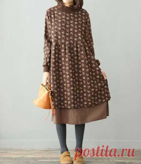 Winter loose dress high collar Floral dress plus velvet Long | Etsy