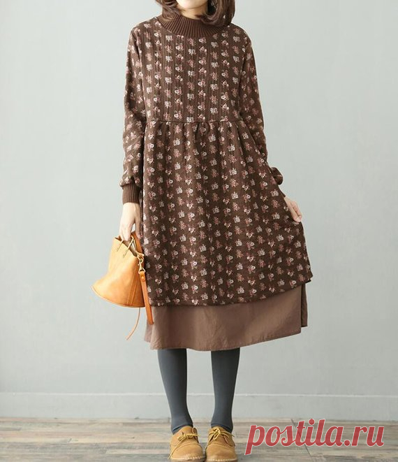 Winter loose dress high collar Floral dress plus velvet Long | Etsy