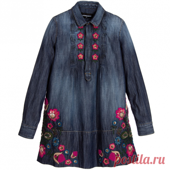 DSquared2 - Girls Blue Floral Embroidered Denim Dress | Childrensalon