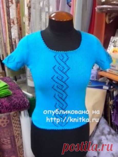 Летний топ спицами. Работа Ивановой Светланы, Вязание для женщин Летний топ 42-44 размера связан из хлопчатобумажной пряжи "Солнышко" (в 100 г 425 м, 100% хлопок) яркого цвета голубой бирюзы. На топ ушло чуть больше 1