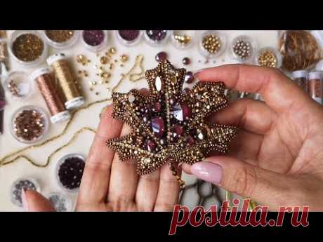 9.Мастер класс брошь лист из бисера и кристаллов.