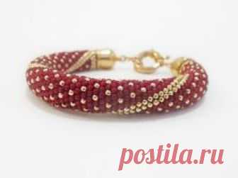 Beaded crochet rope bracelet beadwork red gold by DwarfsTreasure