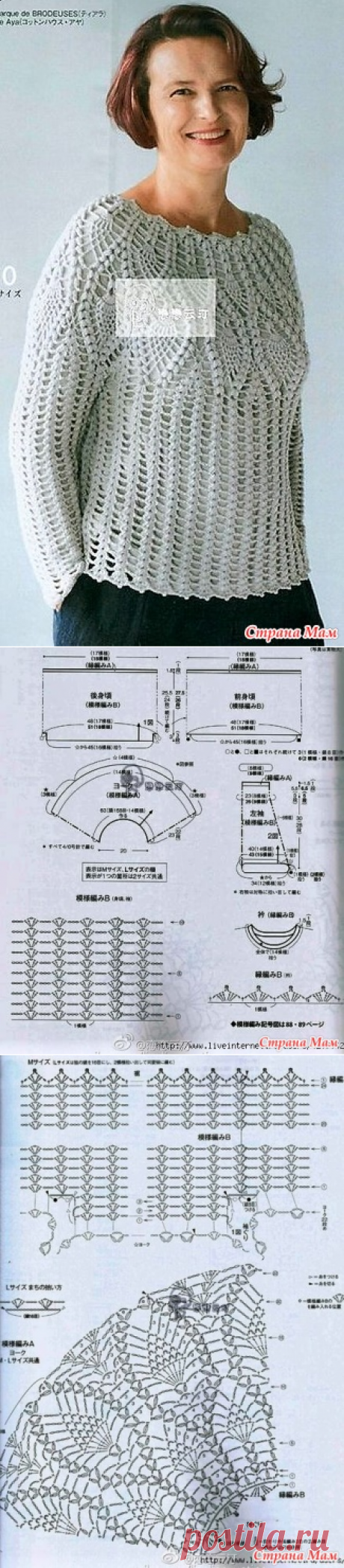 Ажурный пуловер с кокеткой узором ананас. Крючок. - ВЯЗАНАЯ МОДА+ ДЛЯ НЕМОДЕЛЬНЫХ ДАМ - Страна Мам