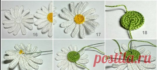 Ромашки вязанные крючком (Вязаные цветы) 
http://zhurnal.rykodelniza.ru/romashki-vyazannye-kryu..