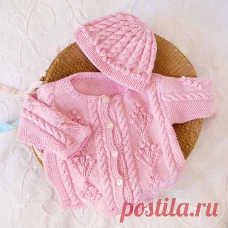 Розовый комплект для девочки спицами: жакет и шапочка, Вязание для детей