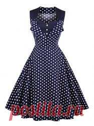 Vintage Polka Dot Button Swing Dress - PURPLISH BLUE