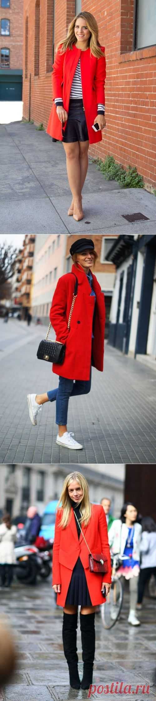 Образы с красным пальто. Примеры сочетаний.