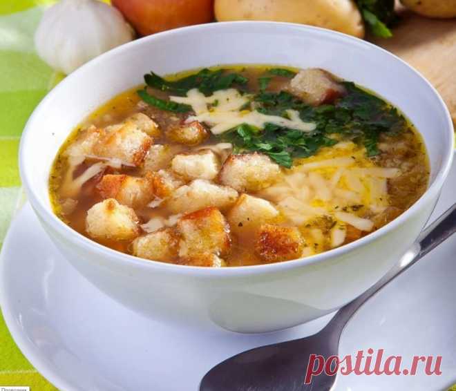 ЧЕСНОЧНЫЙ СУП
Ингредиенты:
1 луковица
1 стручок желтого сладкого перца
5 стол. ложек растительного масла
4 клубня картофеля
1,5 л куриного бульона
10 зубчиков чеснока
1 чайн. ложка сушеного майорана
4 больших ломтика пшеничного хлеба
1/2 пучка зелени петрушки
100 г тертого сыра
соль, молотый черный перец