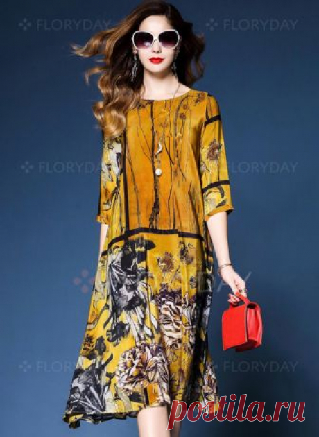 Vestidos Casual Chinês Floral Altura do Joelho de Manga 3/4 - Floryday