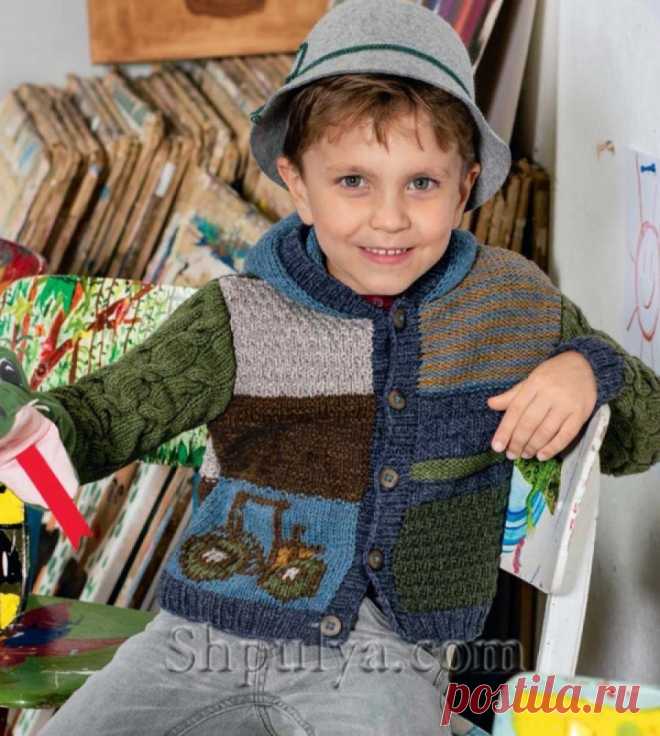 Жакет с капюшоном спицами для мальчика