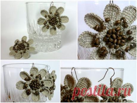 Льняные серьги с деревянными бусинами