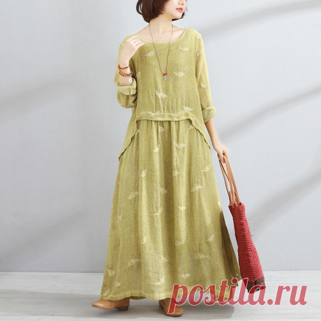 Casual Women Loose Round Neck Long Sleeve Yellow Maxi Dress – Buykud