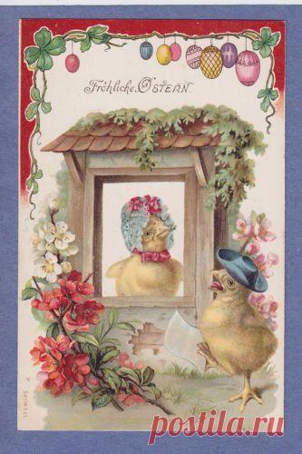 0213* easter vtg pc fantasy dressed chicks serenading his love frohliche ostern