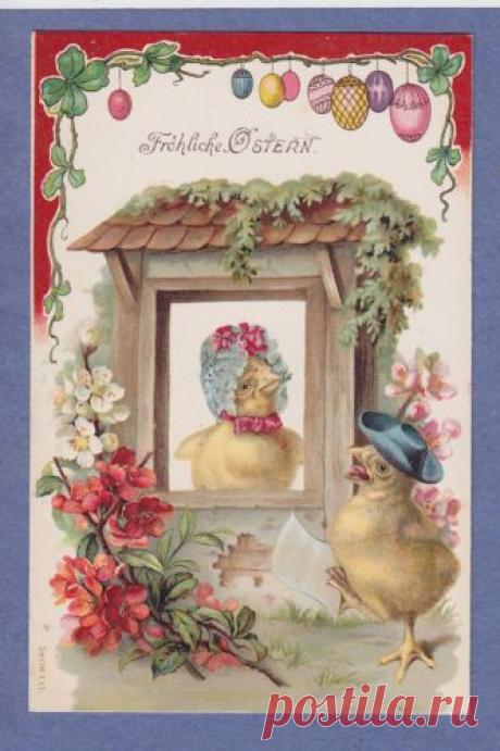0213* easter vtg pc fantasy dressed chicks serenading his love frohliche ostern