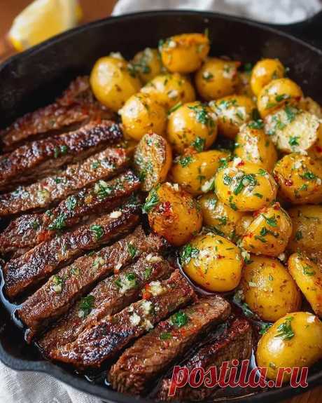 Dies enthält ein Bild von: Garlic Butter Steak and Potatoes Skillet – Easy One-Pan Dinner