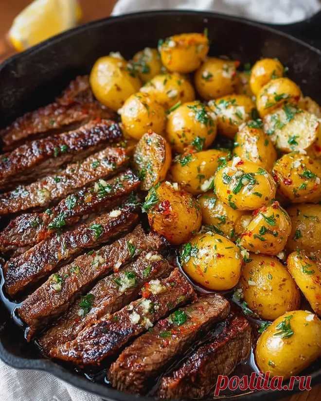 Dies enthält ein Bild von: Garlic Butter Steak and Potatoes Skillet – Easy One-Pan Dinner
