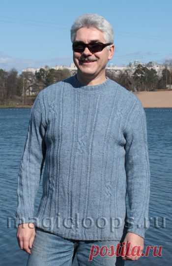 Мужской голубой пуловер (вязание спицами )