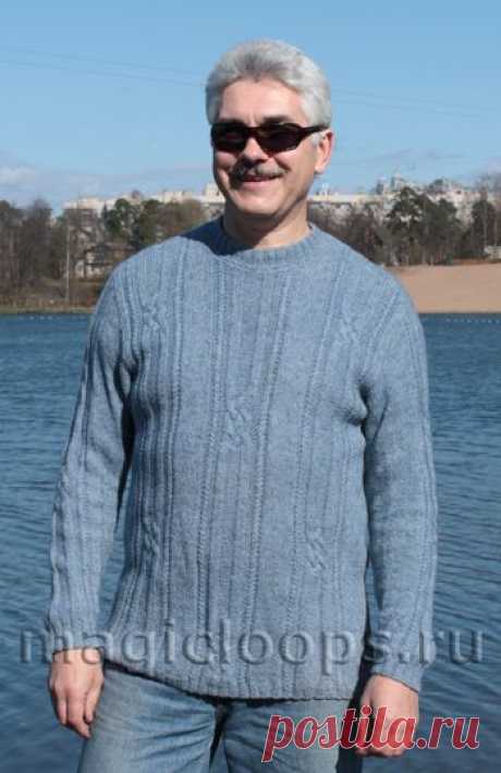 Мужской голубой пуловер (вязание спицами )
