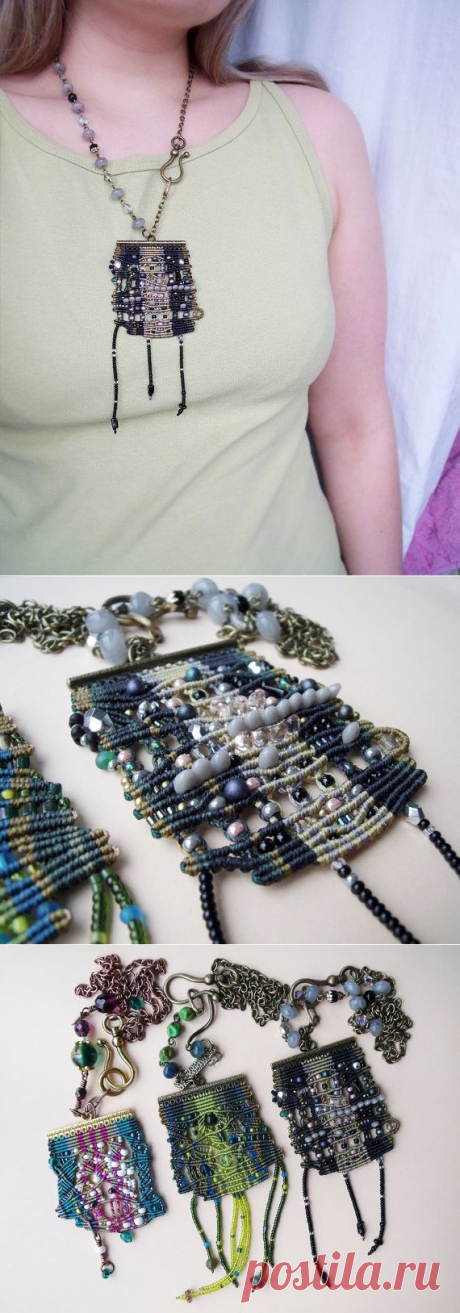 Уникальный микро-макраме ожерелье кулон черный серый по MartaJewelry