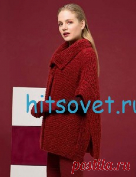 Красное пончо спицами