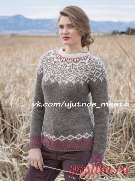 Пуловер с круглой жаккардовой кокеткой
Grand Forks Pullover by Cheryl Chow

Н А Ч А Л О :
(вязание кокетки перевела всю, после кокетки идет разделение на тело-/перевела и рукава-вяжутся раздельно, остаются только рукава не переведенными)

Готовый размер 30,25 (34,25, 37,75, 41,75, 45,25, 49,25, 53)