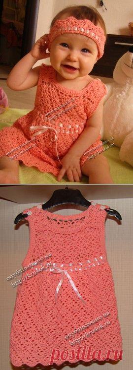 Персиковое платье и повязка для малышки - вязание крючком на kru4ok.ru