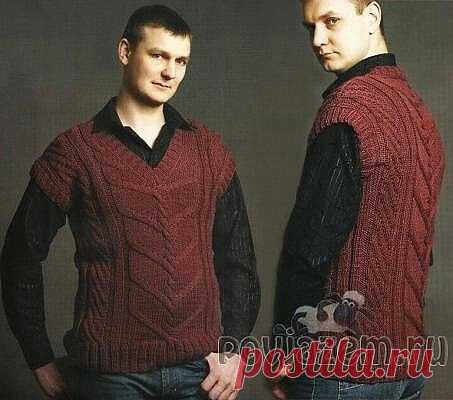 Мужской жилет вязаный спицами, описание и схема по ссылке:     http://povjazem.ru/vyazanie-dlya-muzhchin/sviter-pulover-zhilet/muzhskoj-zhilet-spicami-vyazhem-sami