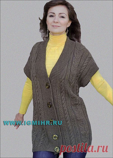 Комфортно и тепло! Большие размеры. Удлиненный жилет с вертикалями выразительных рельефов. Спицы.
