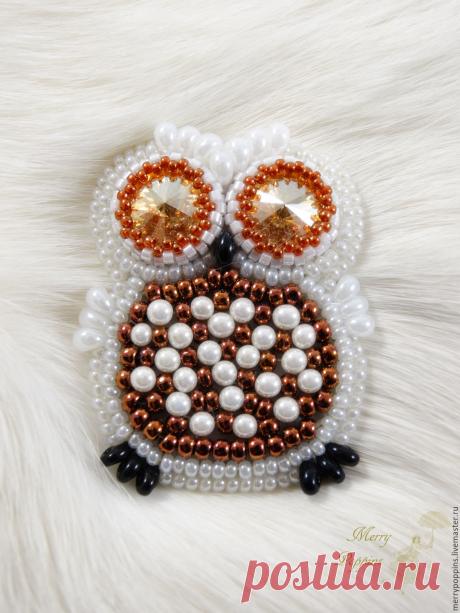 Купить Брошь Сова из бисера и Swarovski - брошь, брошь ручной работы, брошь из бисера